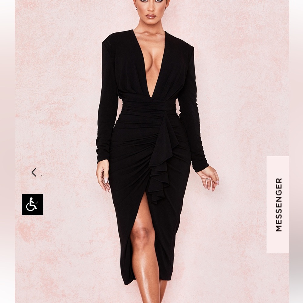 MIRA BLACK DEEP PLUNGE MIDI DRESS - Picture 5 of 15